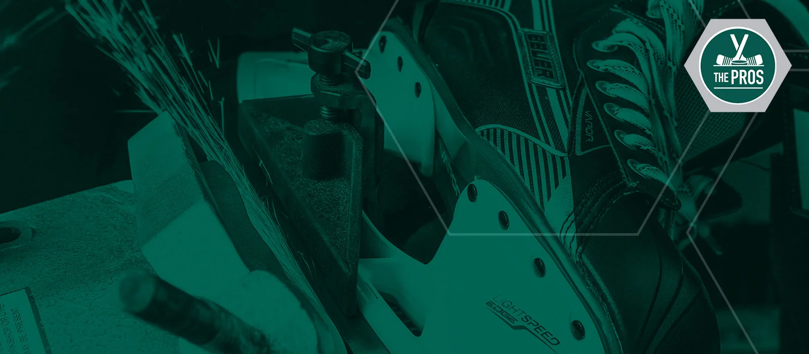 The pros. Green overlay on image of skate being sharpened.