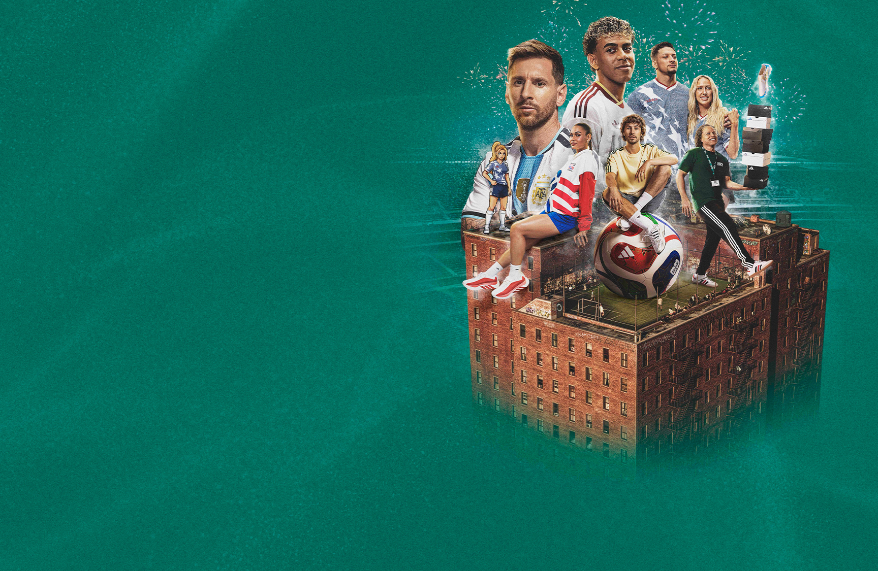 Soccer athletes on green background.