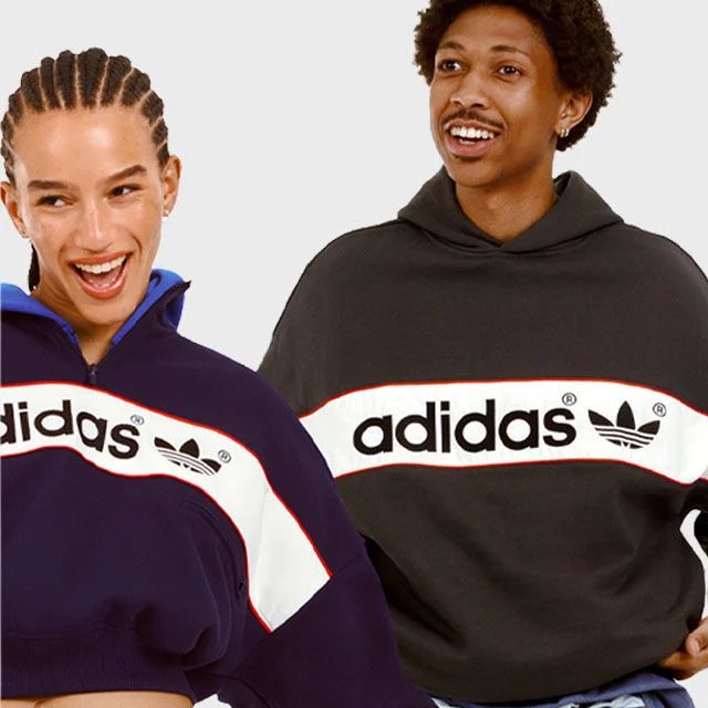 Two people wearing adidas, adidas logo and adidas originals logo.
