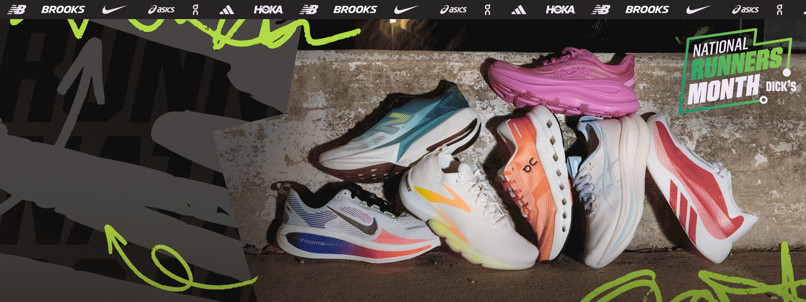 National Runners Month. Running shoes. New Balance, Brooks, Nike, Asics, On, adidas, HOKA logos.