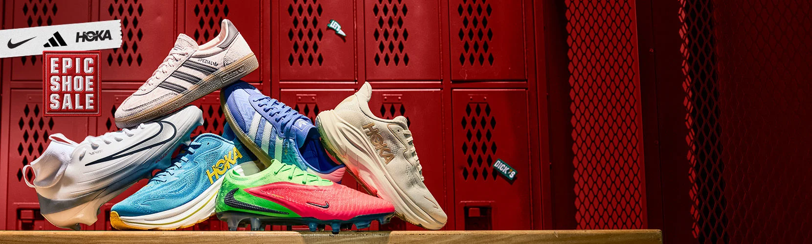 Epic Shoe Sale. Nike, adidas and HOKA logos.