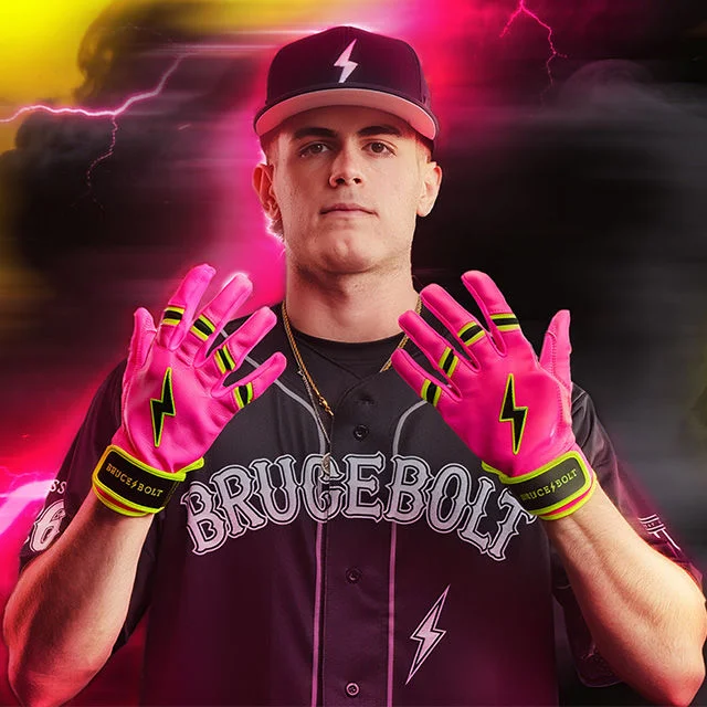 Baseball player with Brucebolt jersey and gloves.