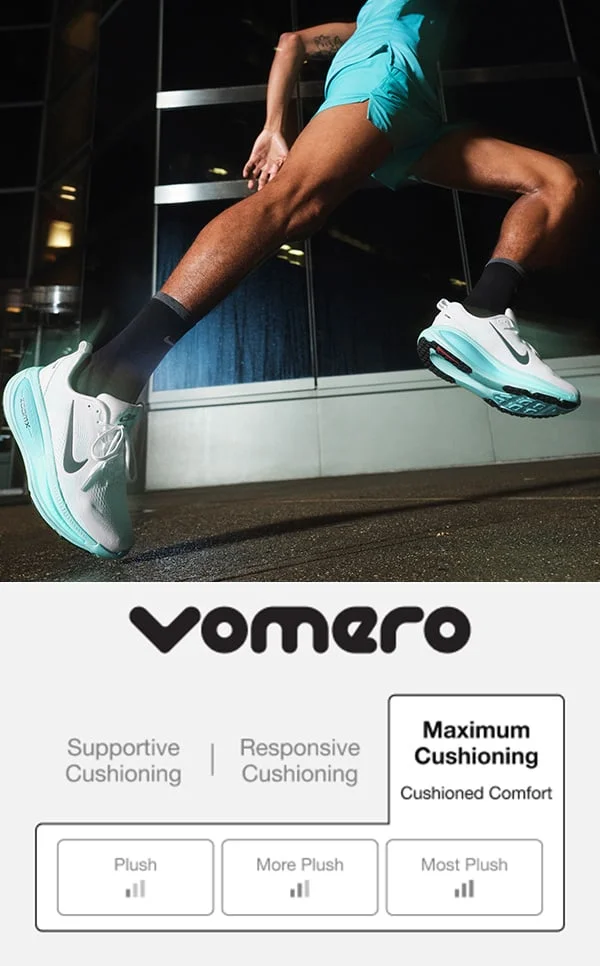 Nike Vomero running shoe. Maximum cushioning table. Cushioned comfort. 