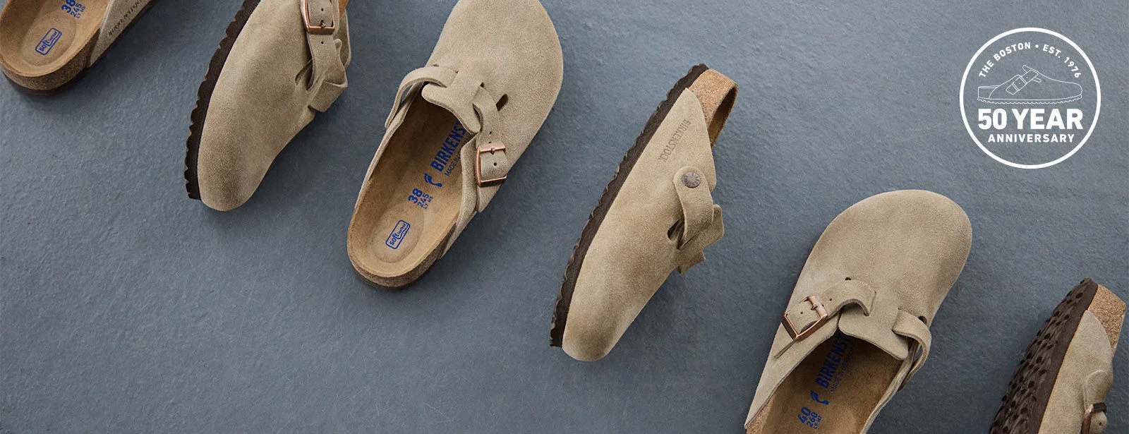 Birkenstock shoes with 50 Year Anniversary stamp.