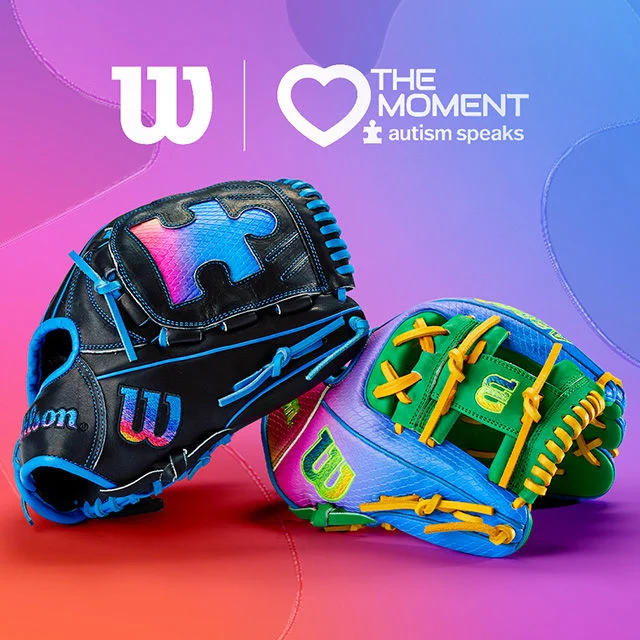 Wilson logo. The Moment Autism Speaks logo. Two colorful baseball gloves.