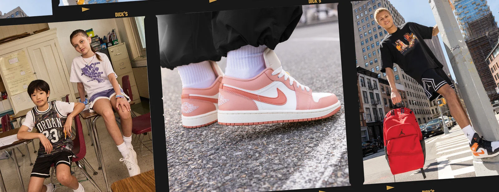 Collection of images of kids wearing Nike Jordan shoes and outfits. 