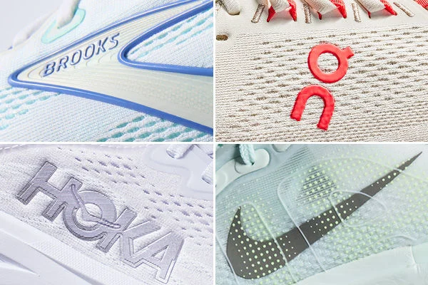 Macro logos from HOKA, Brooks, Nike, and ON shoes. 