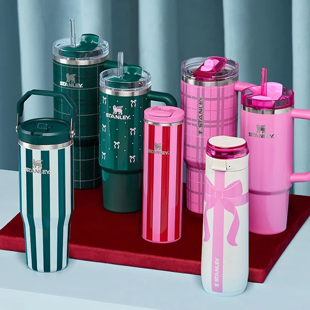 A collection of Stanley holiday themed drinkware