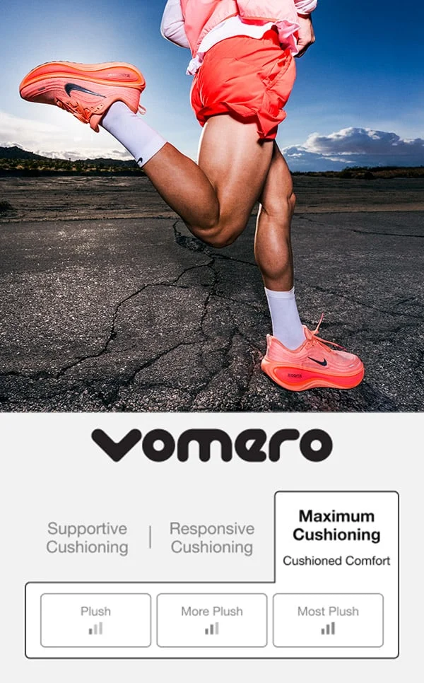 Nike Vomero running shoe. Maximum cushioning table. Cushioned comfort. 
