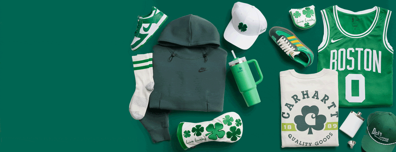 Assortment of green apparel and gear.