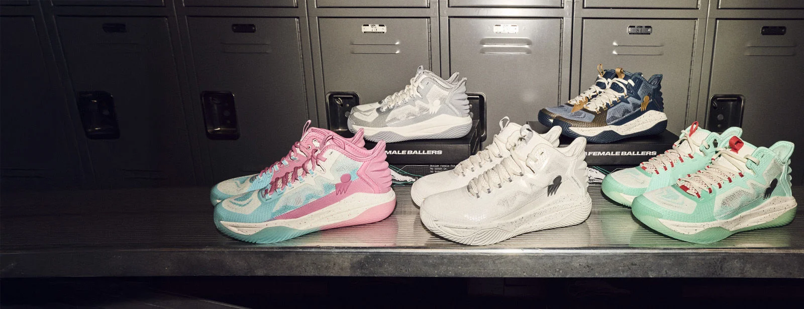 Moolah Kicks basketball shoes on a bench in a locker room. 