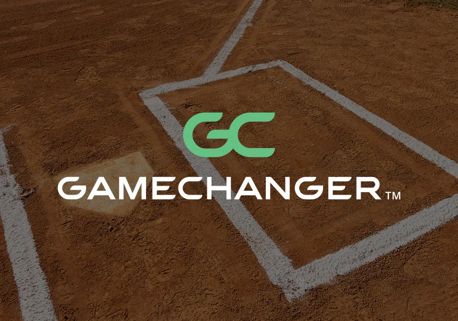 Gamechanger logo on baseball field background.