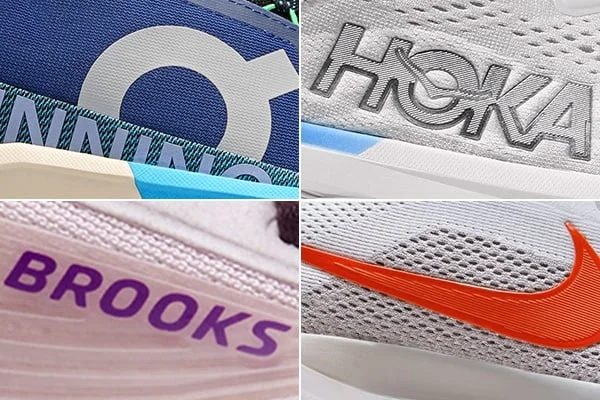 Macro logos from HOKA, Brooks, Nike, and ON shoes. 