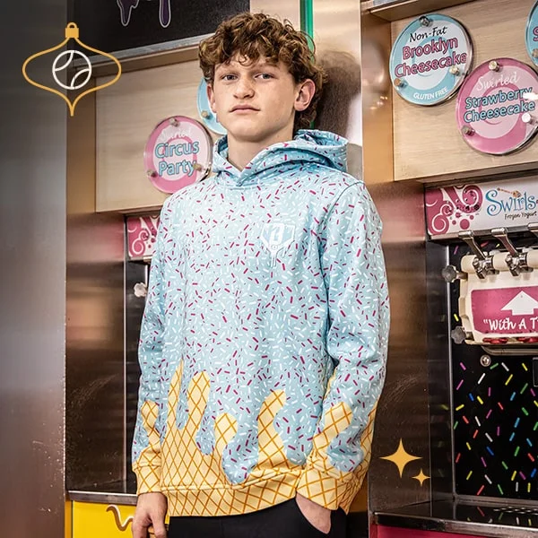 Youth wearing ice cream themed hoodie.