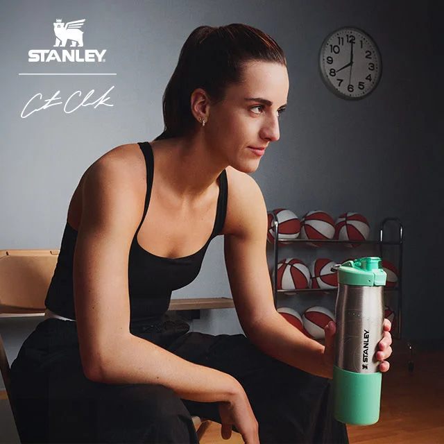 Stanley 1913 logo with Caitlin Clark signature. Caitlin Clark with green and metal Stanley 1913 tumbler.