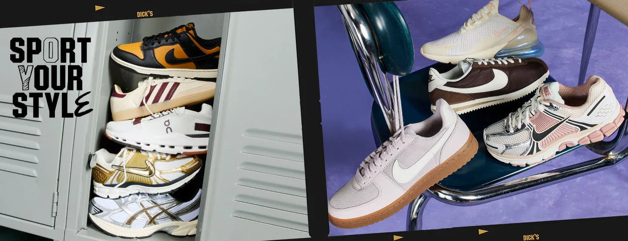 Piles of shoes from top brands in a school locker and on a desk. 