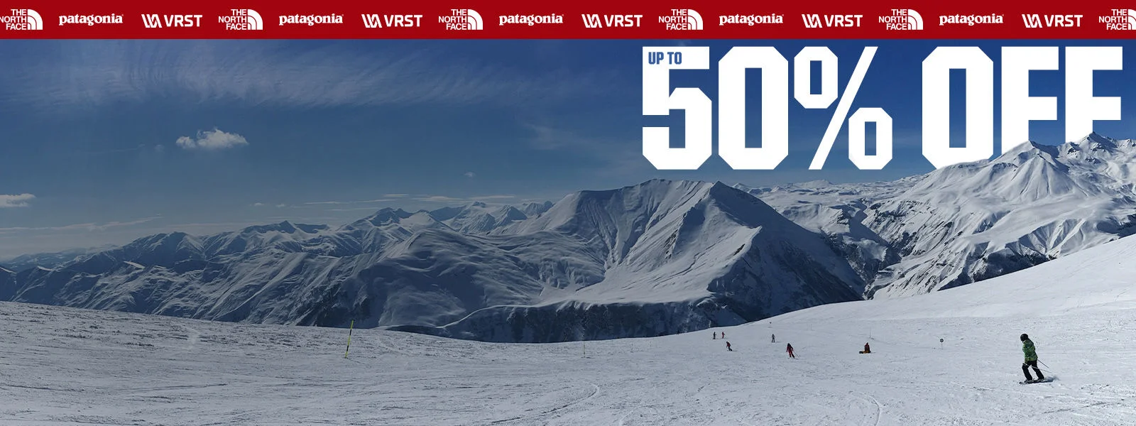 Up to 50% Off. The North Face, Patagonia, VRST logos.