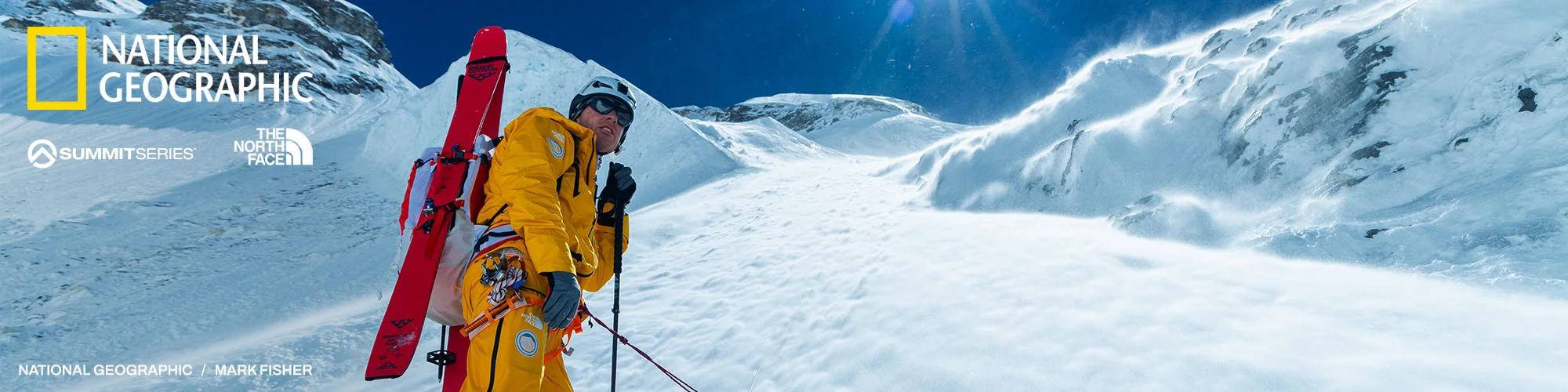 National Geographic Logo, Summit Series Logo, The North Face Logo, "Athlete Tested. Expedition Proven." "National Geographic / Mark Fisher" 
