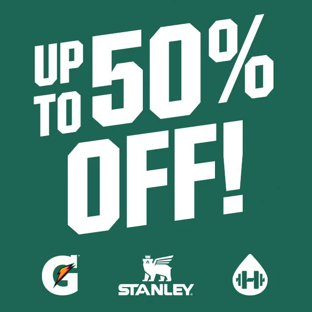 Up to 50% Off. Gatorade, Stanley, and HydroFlask logos. 