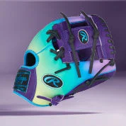 Colorful Rawlings baseball glove on purple backdrop