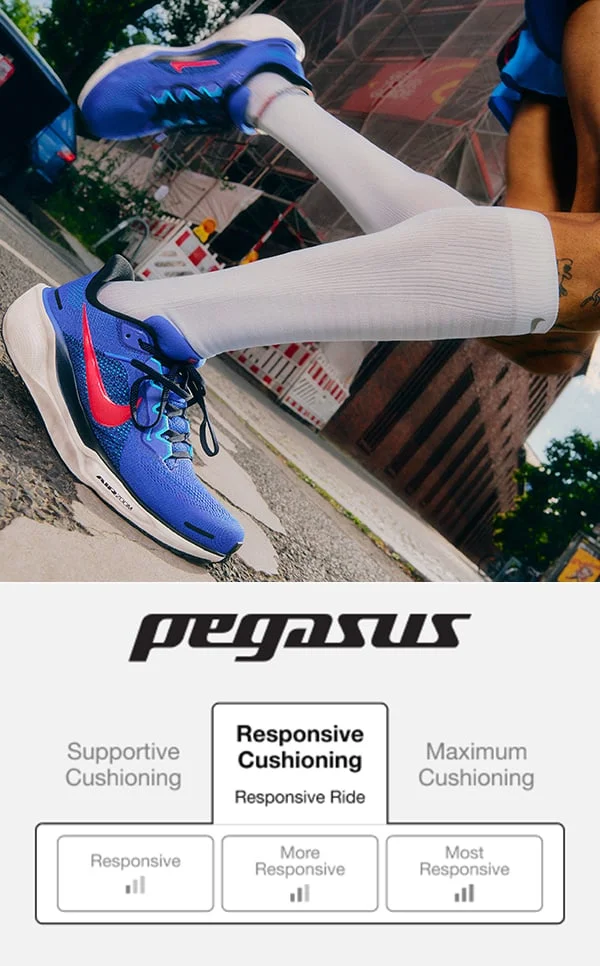 Nike Pegasus running shoe. Responsive cushioning table. Responsive ride. 