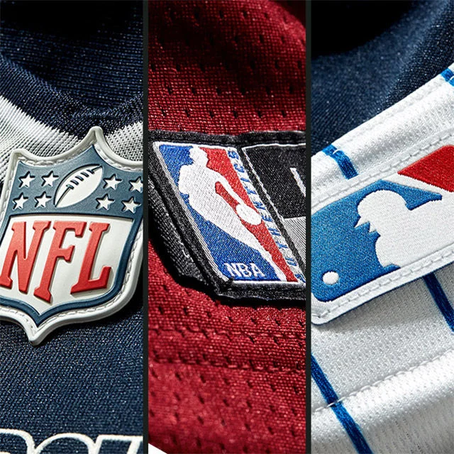 NFL, MLB and NBA logos on jerseys.