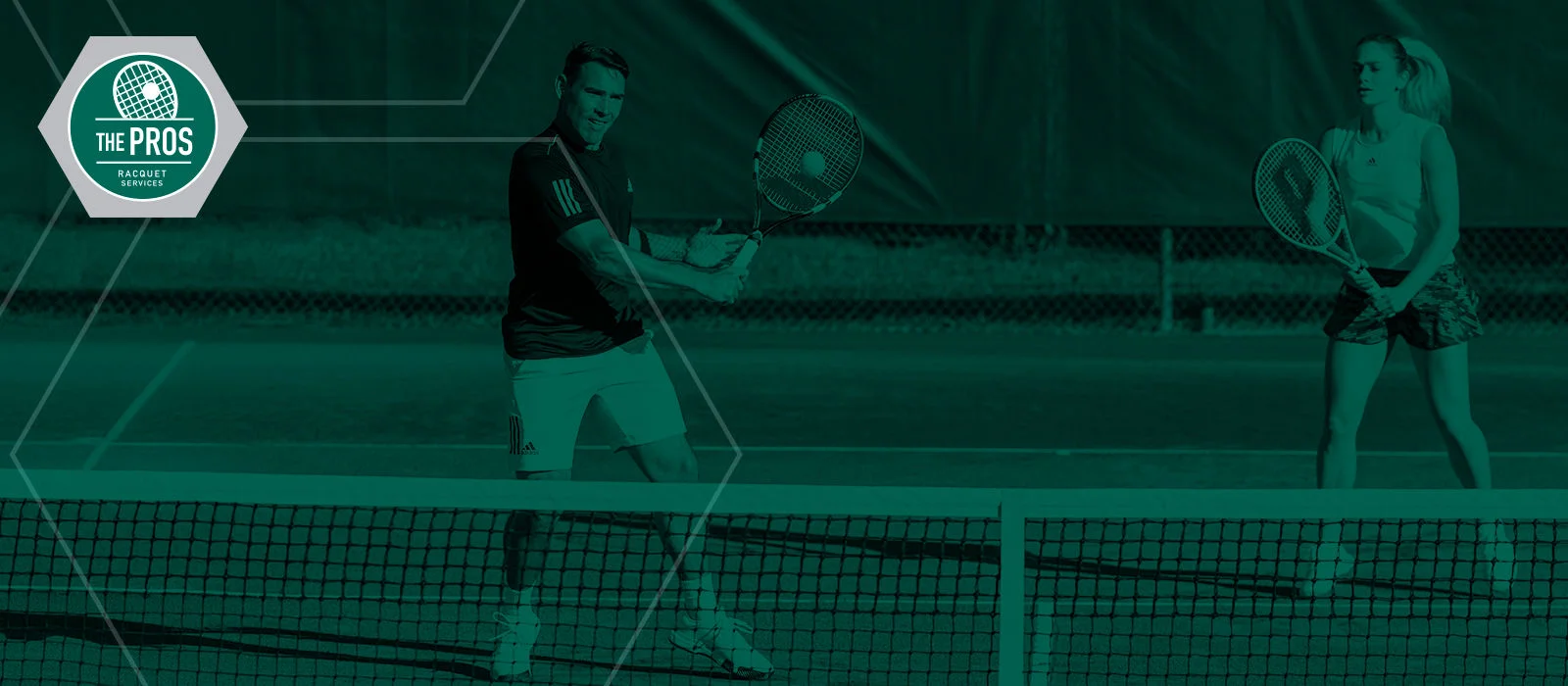 The Pros. Racquet Services. Two people on a tennis court.