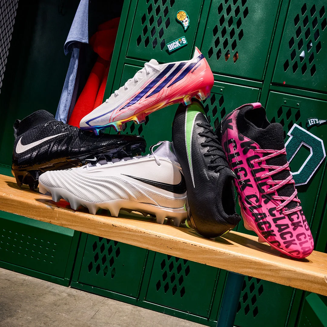 Cleats on a bench in locker room