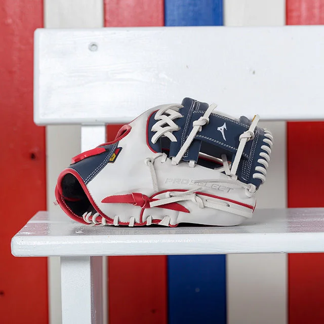 Red, white and blue baseball glove.