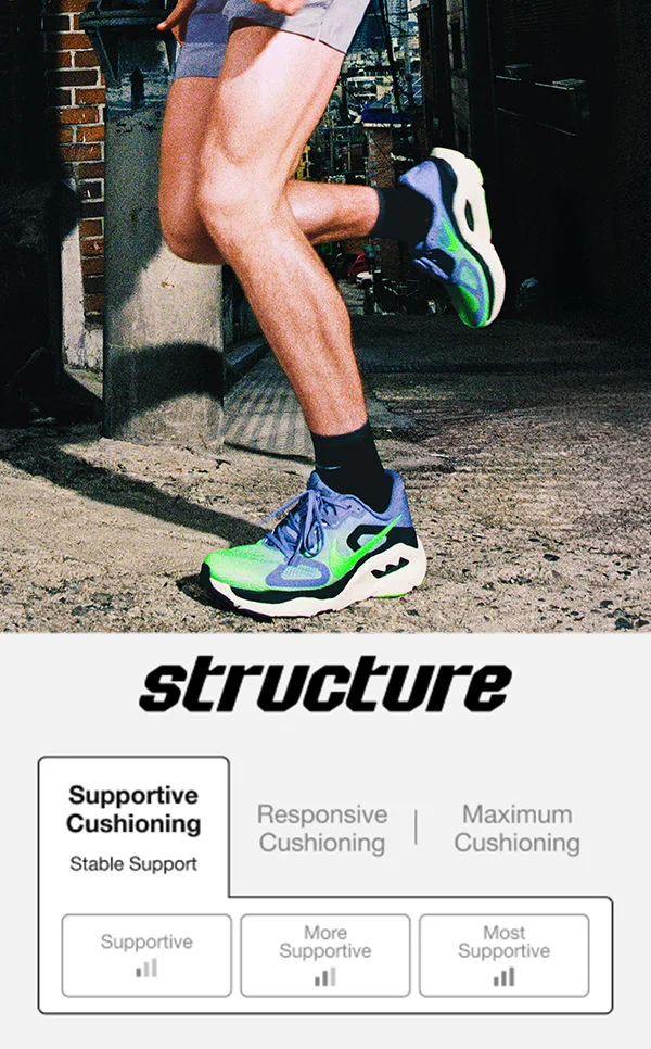 Nike Structure running shoe. Supportive cushioning table. Stable support. 