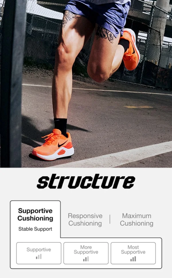 Nike Structure running shoe. Supportive cushioning table. Stable support. 