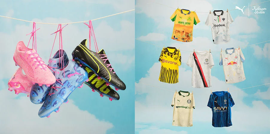 Collage of soccer cleats and jerseys.