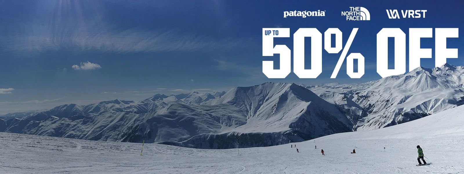 Up to 50% Off. The North Face, Patagonia, VRST logos.