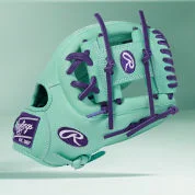 Mint green Rawlings baseball glove with purple accents