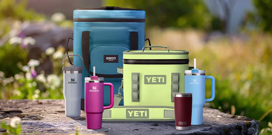 Assortment of coolers and drinkware.
