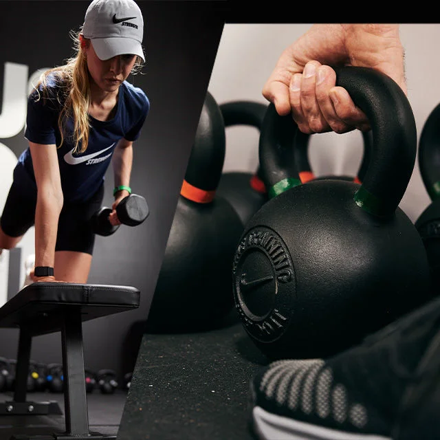 A woman lifting weights and a kettlebell.
