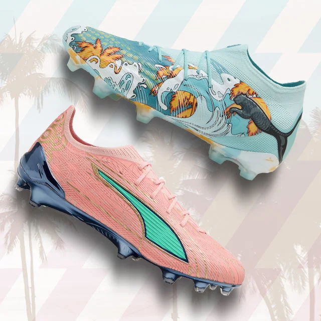 PUMA soccer cleats on tropical background.
