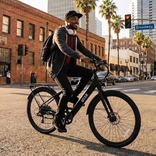 Smiling cyclist riding Soar bike downtown