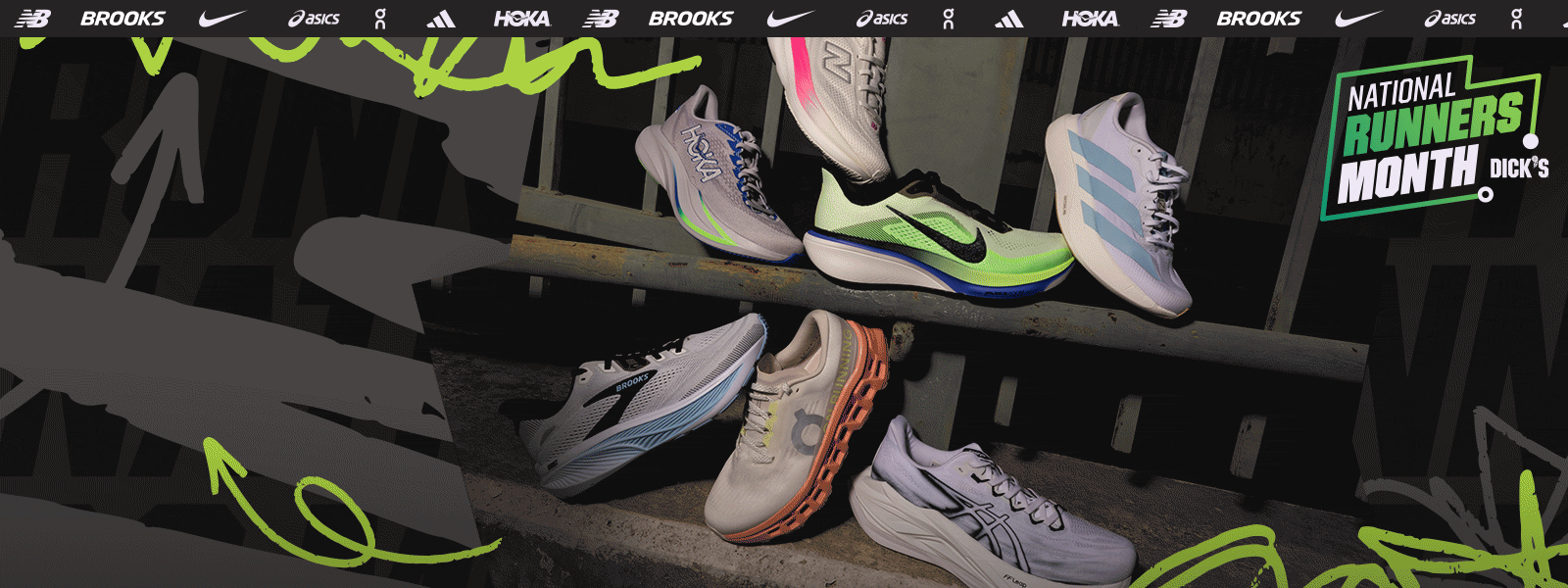 National Runners Month. Running shoes. New Balance, Brooks, Nike, Asics, On, adidas, HOKA logos.