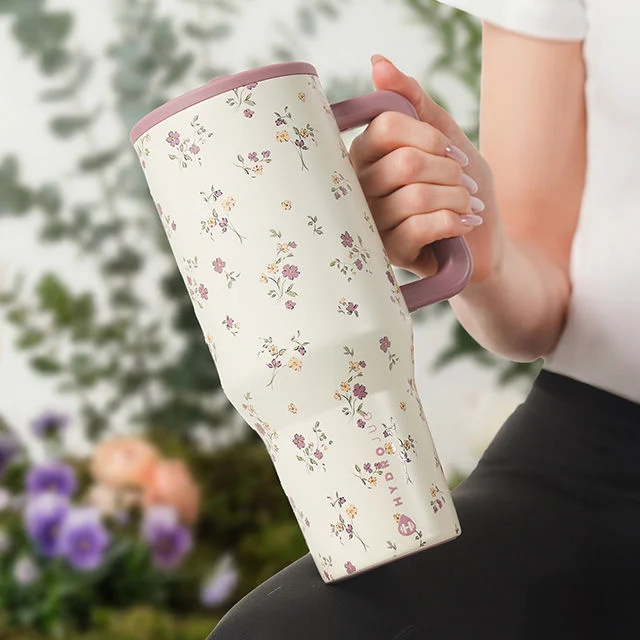 Floral patterned Hydroflask tumbler.