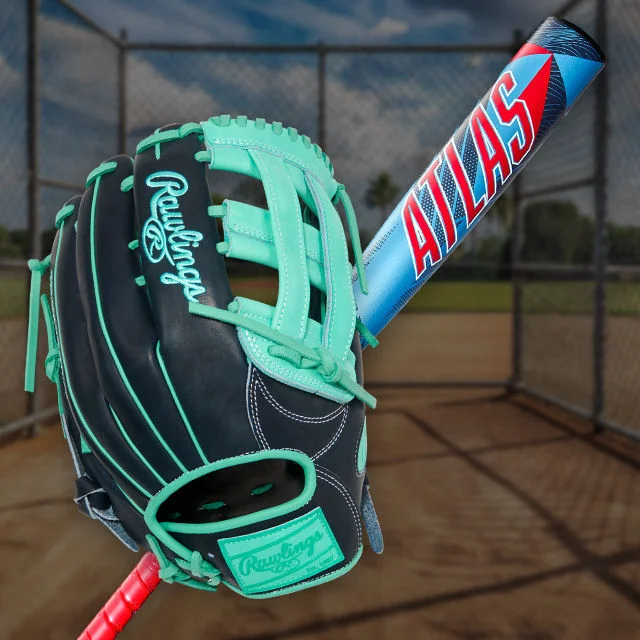 Baseball and softball gloves and bats.