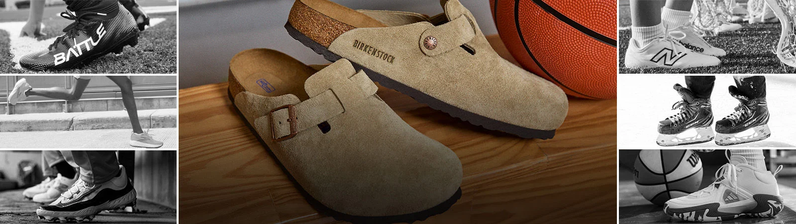 Different sports surrounding a photo of Birkenstock slides. 