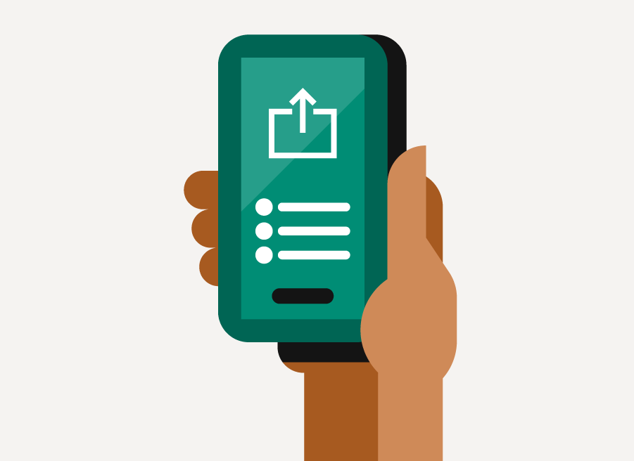 Illustration of a hand holding smartphone with sharing icon.