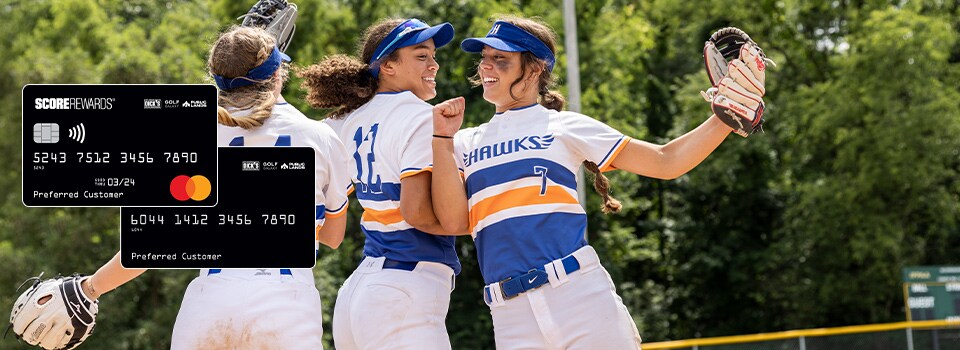Image features softball team with ScoreRewards credit cards.