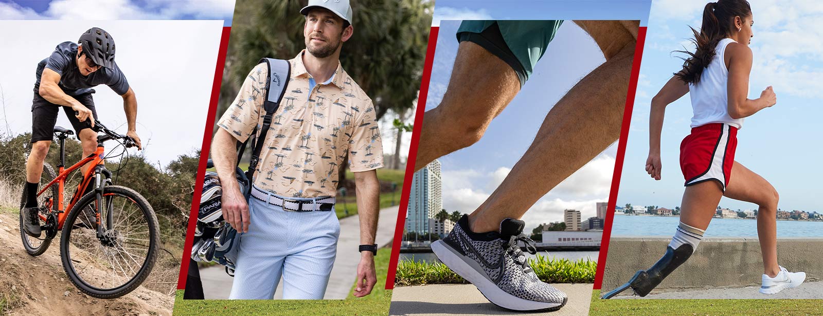 A collection of people biking, golfing and running.