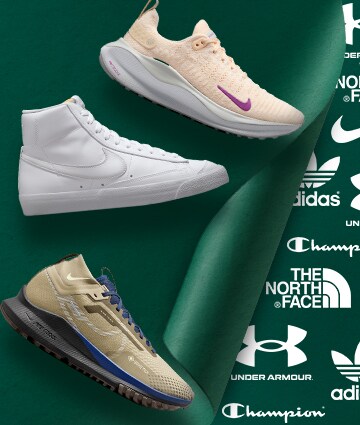 An assortment of footwear and brand logos.