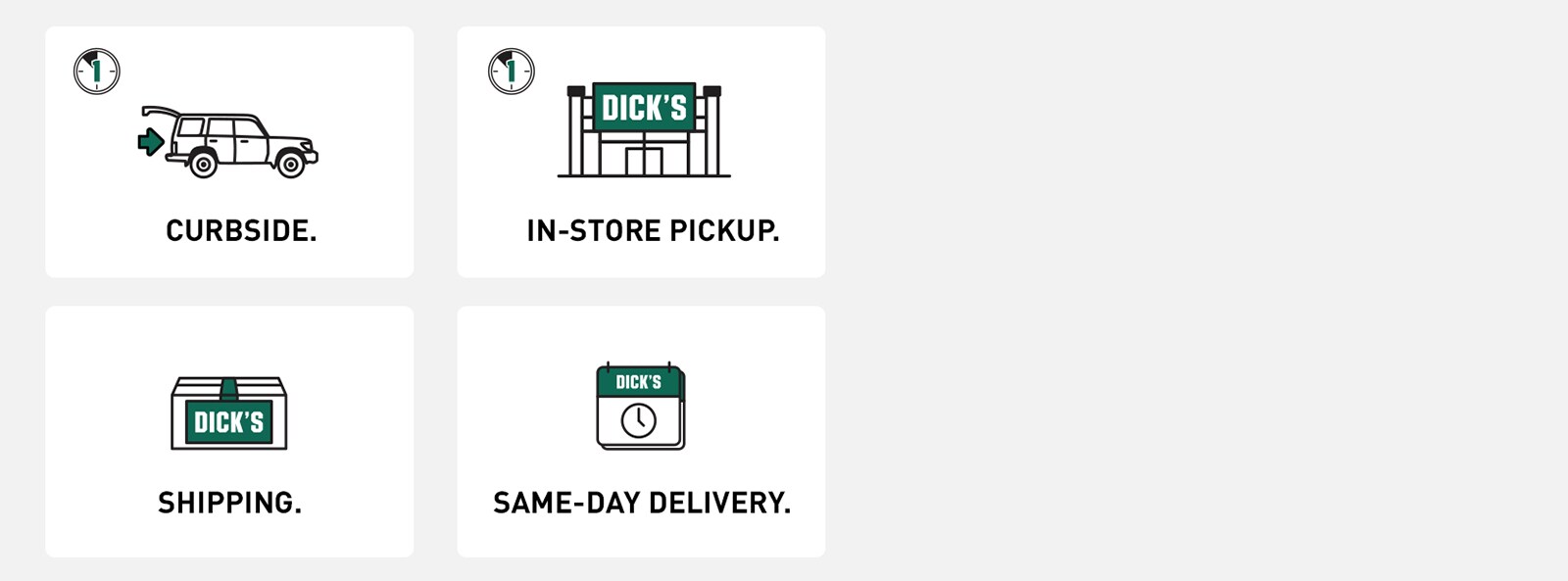 Icons of a car, a storefront and a delivery package with the words curbside, in-store pickup and delivery.