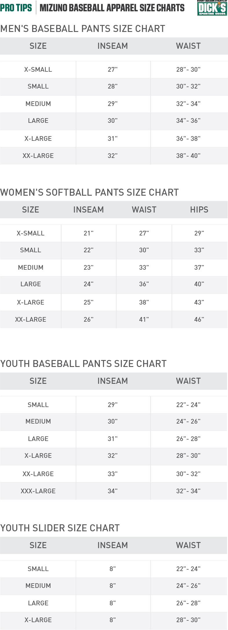 Mizuno® Apparel Size Charts