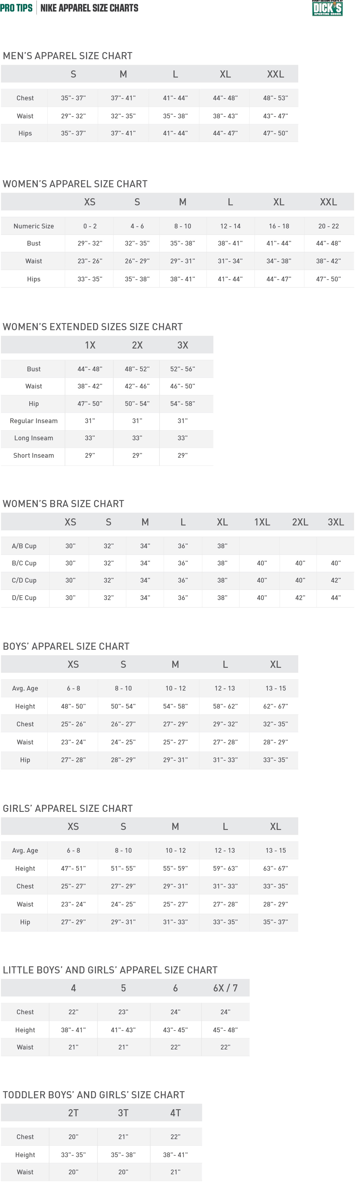 Nike® Apparel Size Charts