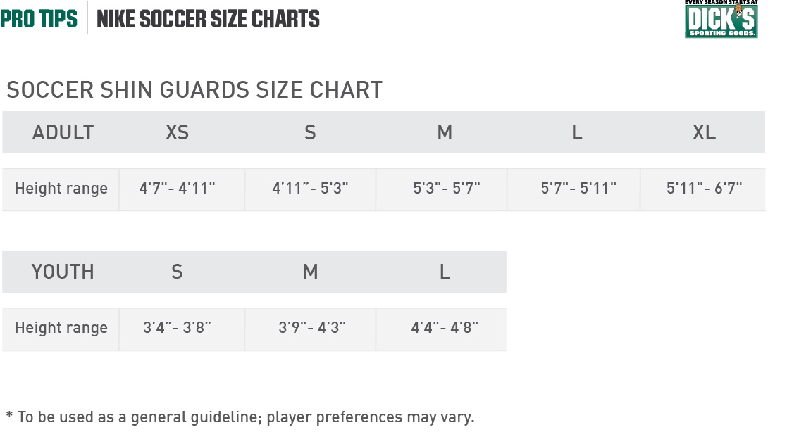 Nike® Soccer Shin Guards Chart